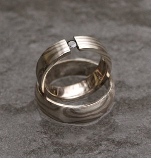 Wedding rings Palladium white gold and silver. mokume-gane wedding rings "Icewater"
